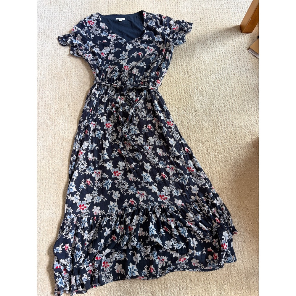 J. Jill Floral Midi Dress Womens M Petite Navy Boho Cottagecore Rayon